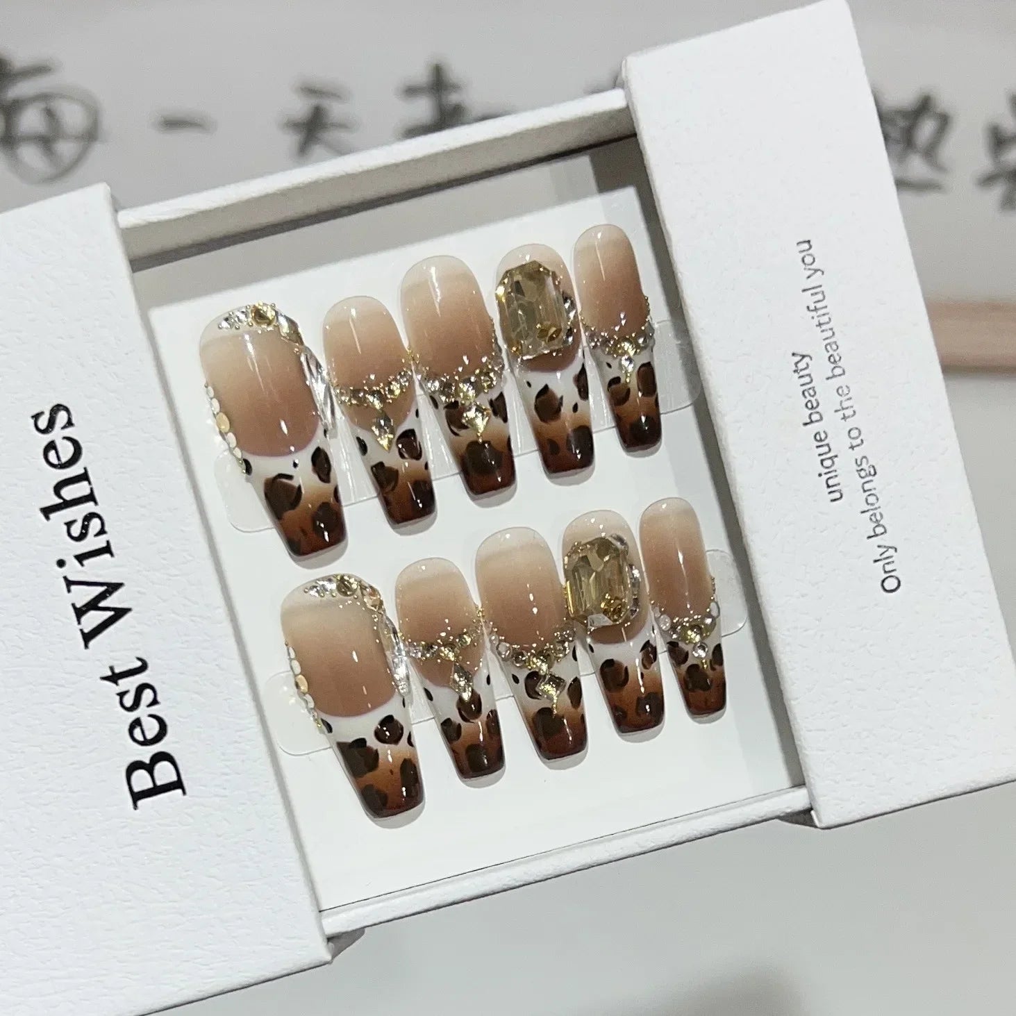 10Pcs Autumn Winter Long Coffin Handmade False Nails Swallow Gird French Press on Nail Glossy Pearl Full Cover Acrylic Nail Tips