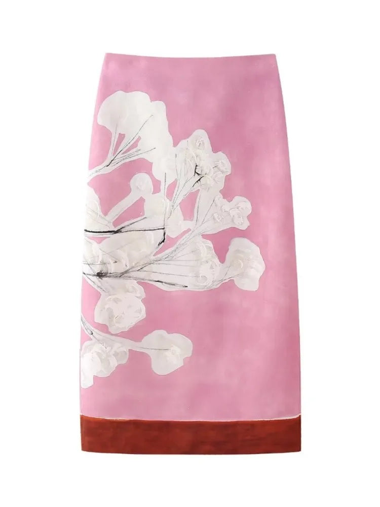 TRAF GAL Summer Spliced Pink Pinted Women Midi Long Skirts Zipper High Waisted Female Split Behind Pencil Skirt Y2K Bottoms 1