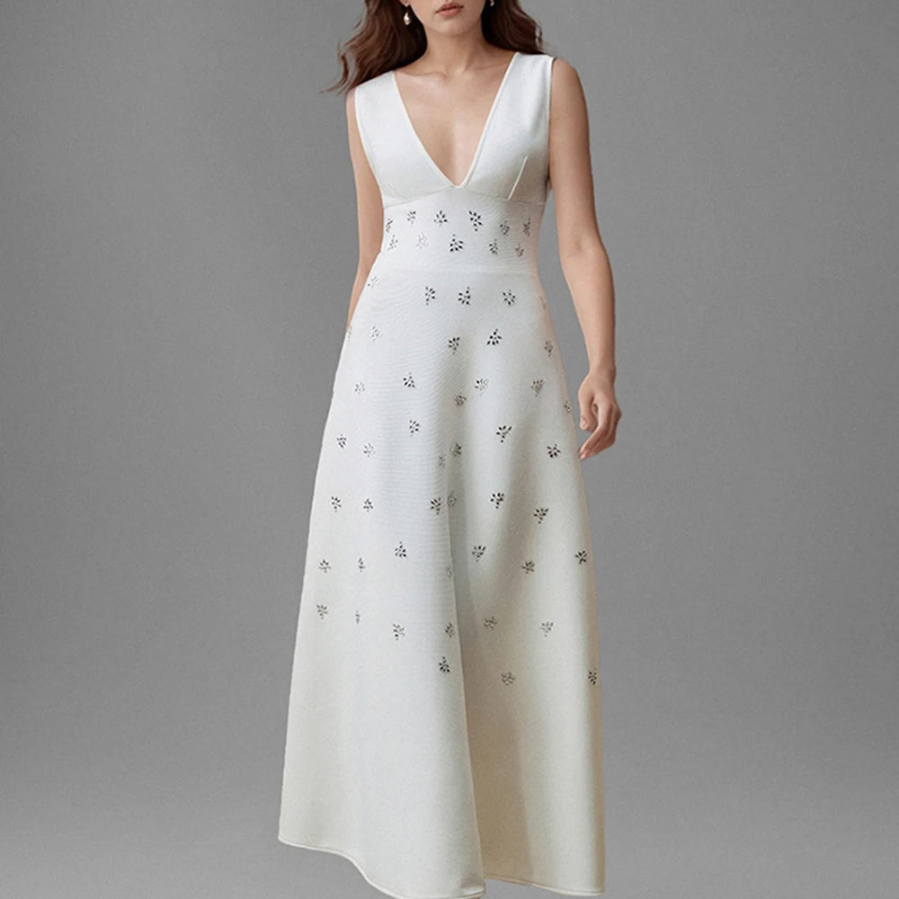 Prom Dress Elegant Crystal Sleeveless Bandage Wedding Dress For Women High waist A-line Maxi Summer Evening Party Dresses Robe