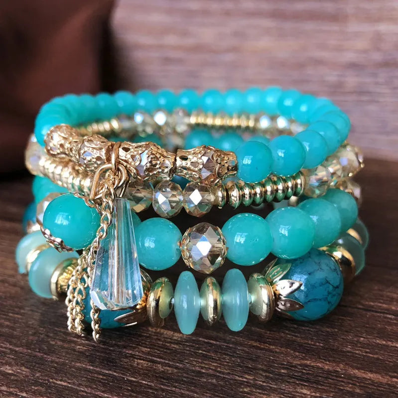 Bohemian Multicolor Crystal Beads Bracelets for Women Girls Boho Ethnic Tassel Elastic Rope Handmde Wrap Bracelet Pulseira Femi BR18Y0489-1