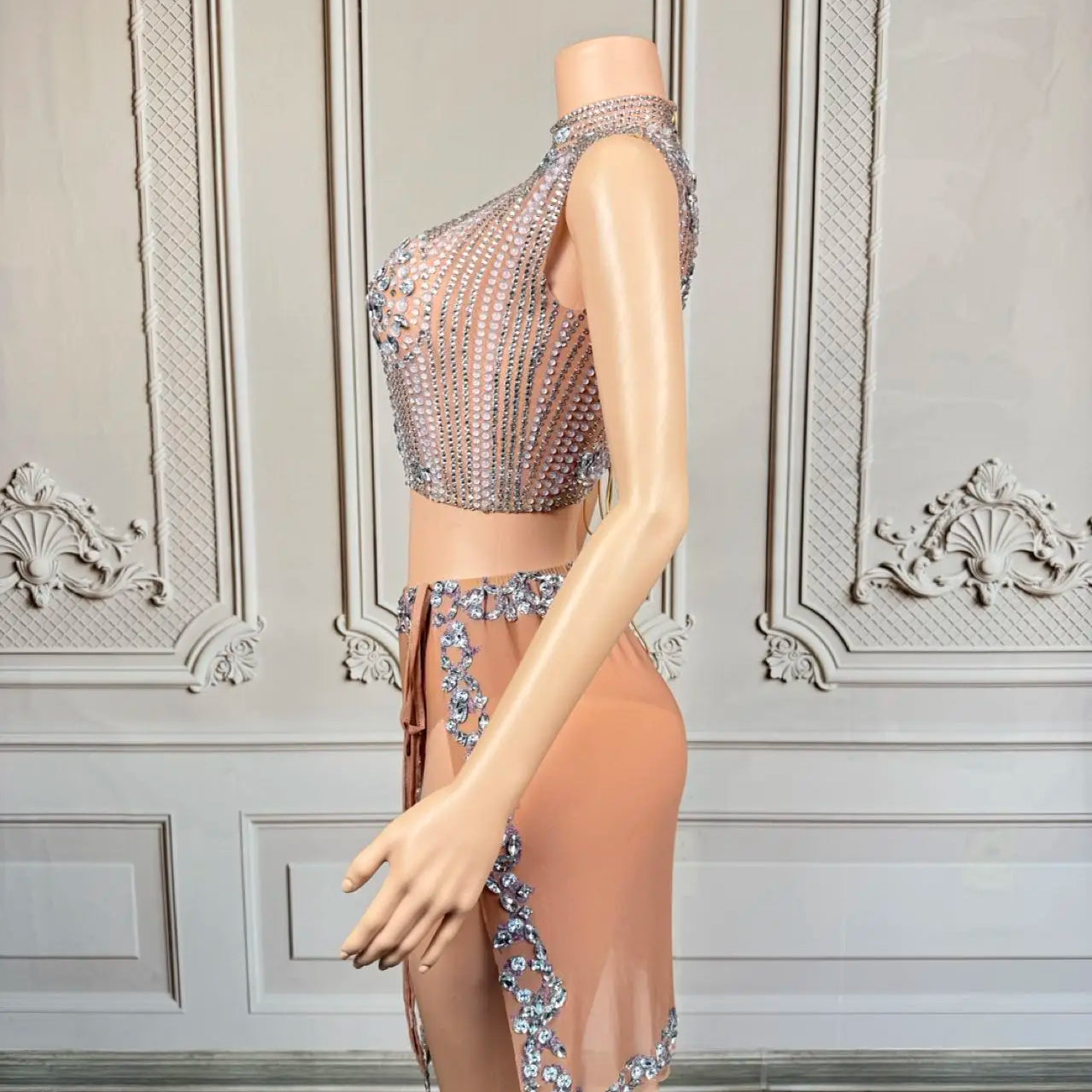 Sparkly Rhinestone Crop Tops Mini Skirt 2Pieces Set Festival Party Mesh Outfit Side Slits Bodysuit Event Dance Sexy Wear Luzhu