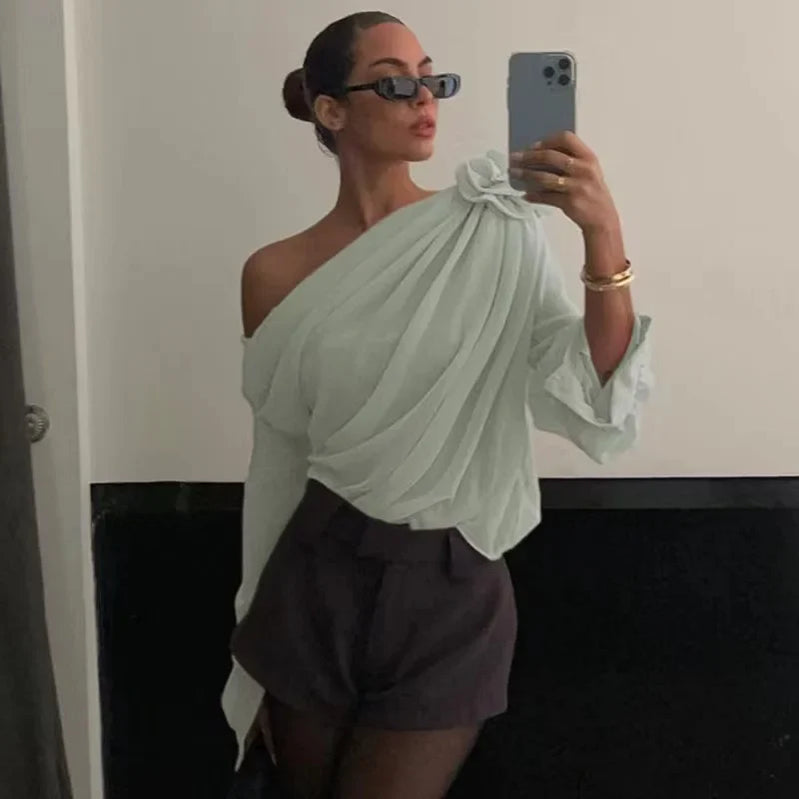 New Sexy Skew Collar Floral Applique Mesh Chiffon Tops For Women Elegant Fashion Club Cropped Tops See Through Pullover