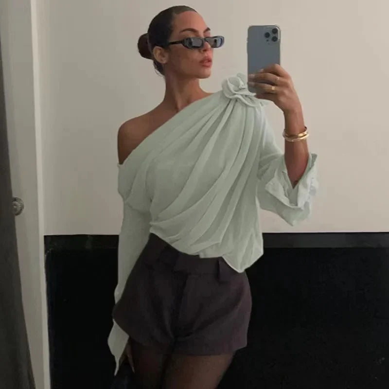 New Sexy Skew Collar Floral Applique Mesh Chiffon Tops For Women Elegant Fashion Club Cropped Tops See Through Pullover