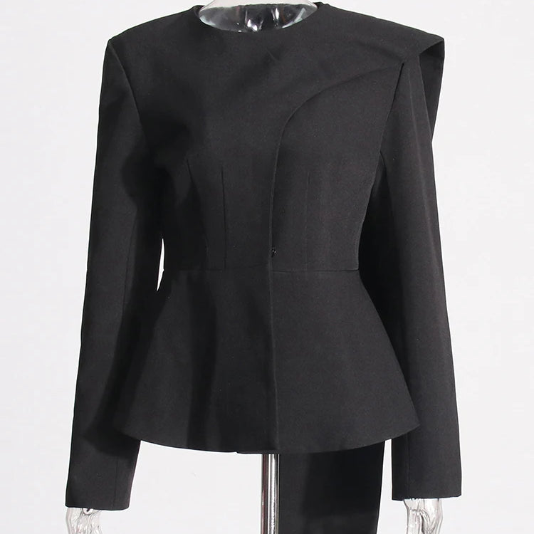 TWOTWINSTYLE Solid Asymmetrical Blazers For Women Round Neck Long Sleeve Tunic Minimalist Blazer Female Fashion Style Clothes