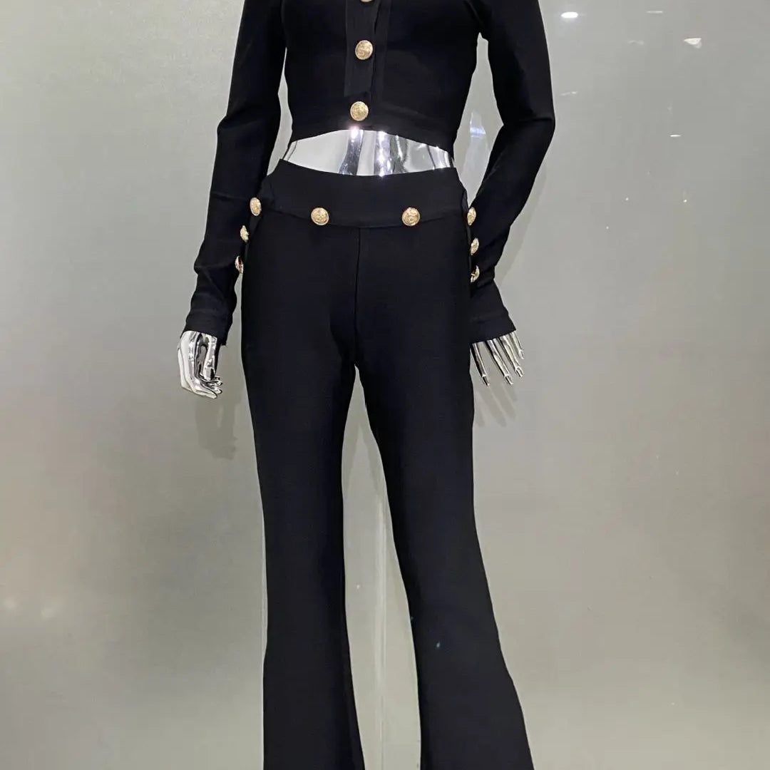 High Quality Bandage Expose Waist Woman Set Fashion Golden Buttons Short Coat Top And Flare Pants 2 Pieces High Street Wear