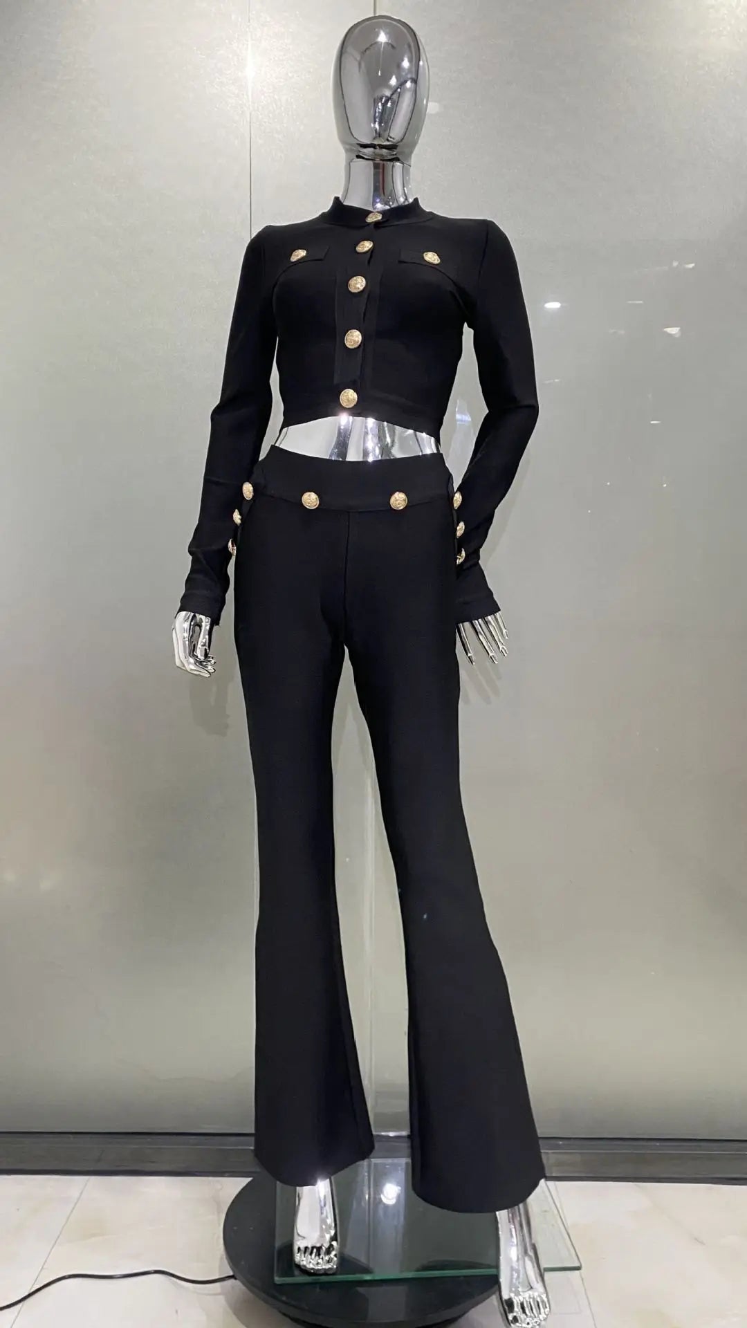 High Quality Bandage Expose Waist Woman Set Fashion Golden Buttons Short Coat Top And Flare Pants 2 Pieces High Street Wear