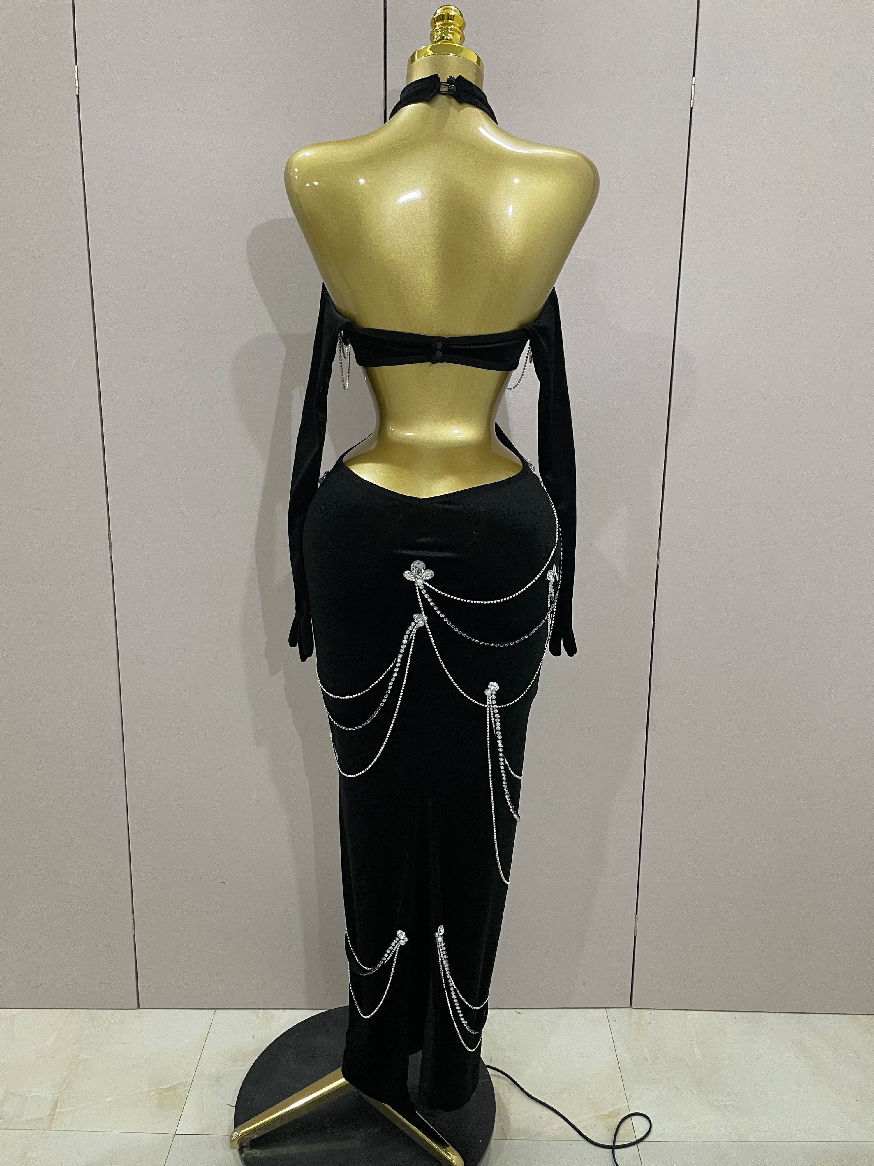 2025 Women Sparkly Diamonds Tassels Chain Balck Sexy Halter Backless Long Dress Evening Birthday Party Celebrate Stage Costume