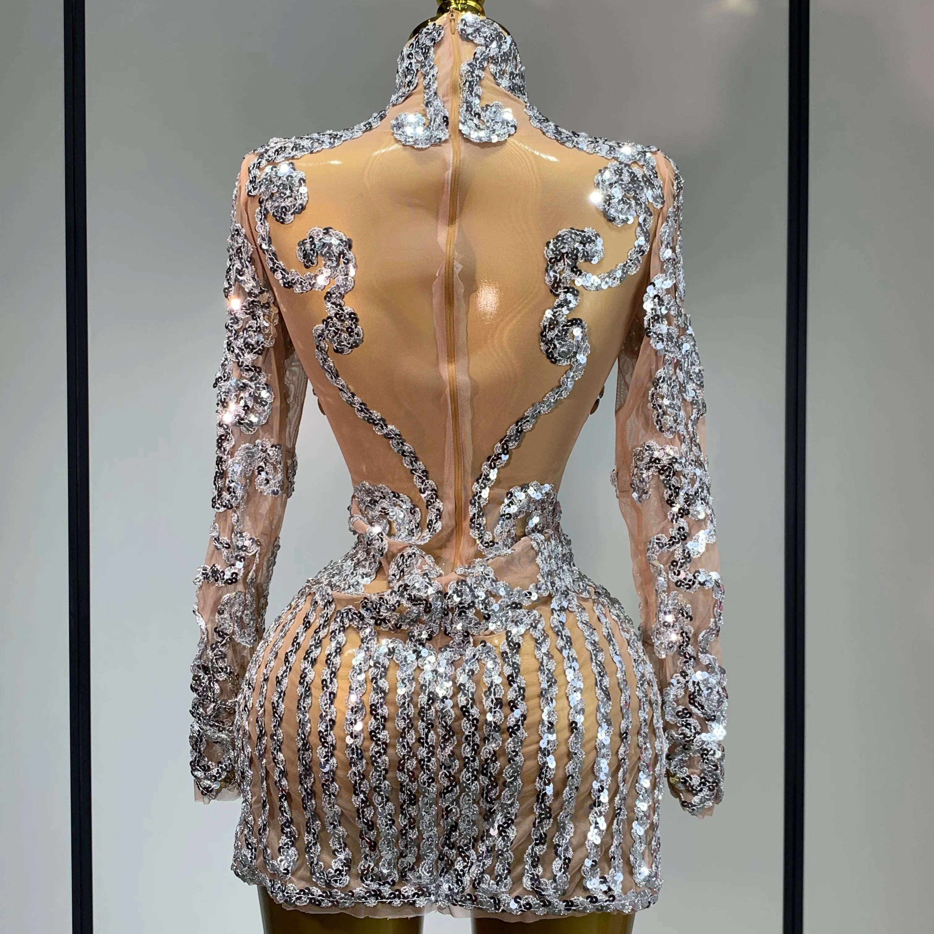 Sparkly Silver Gold Sequins Short Dress Sexy High Slit Women Nightclub Evening Party Dress Birthday Singer Stage Show Outfit