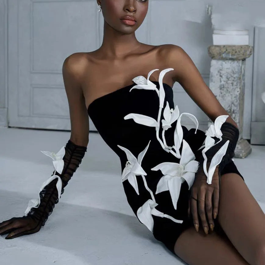 Top Quality Women Sexy Strapless Bodycon Mini Bandage Dress Florals Celebrate Evening Party Birthday Dress Vestido