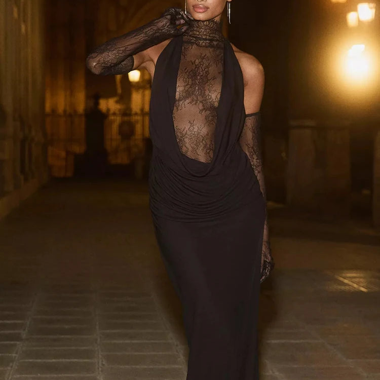VC Glamorous Black Halter Dress with Lace Details Gloves for Fashion Events Party Evening Gown