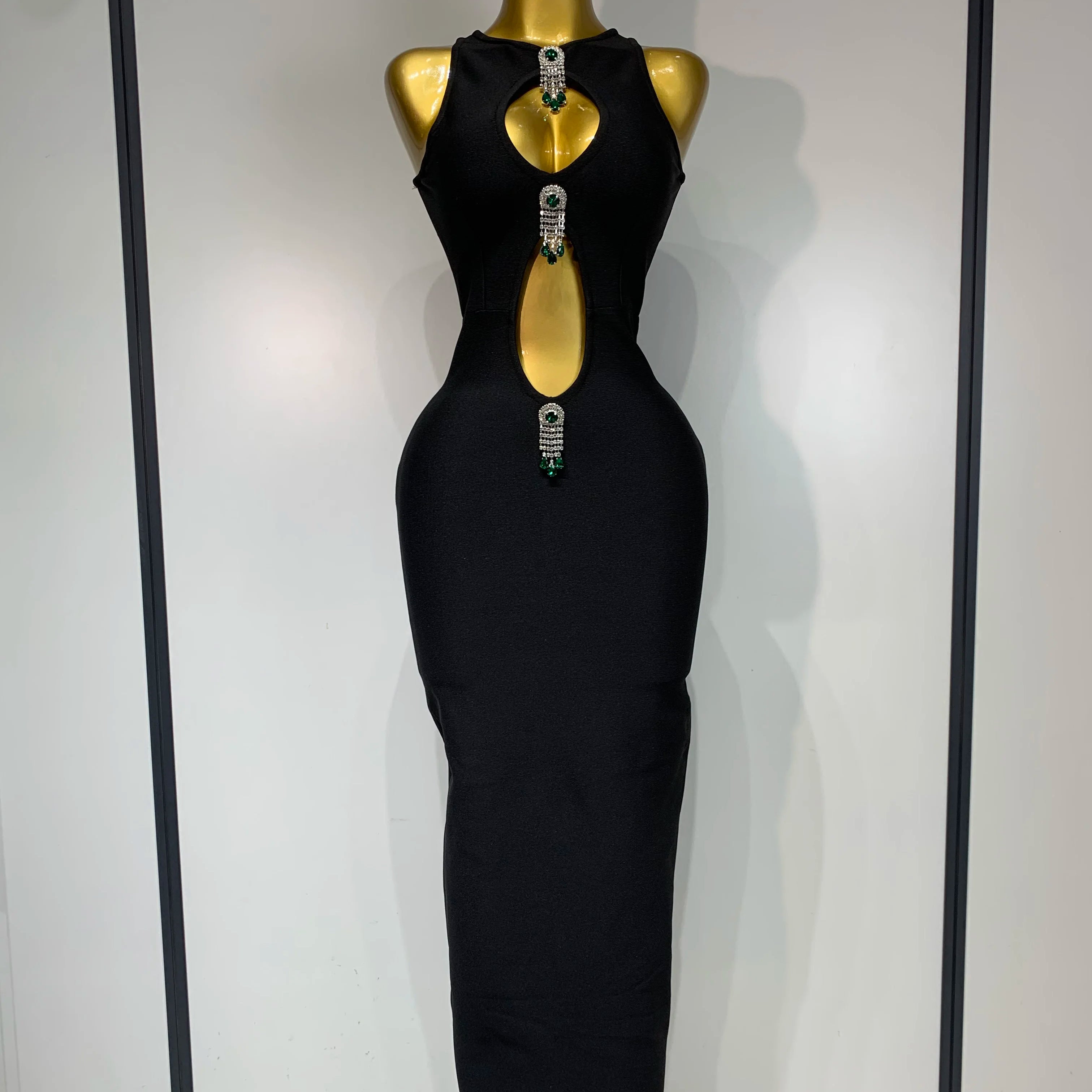 Women Celebrity Sexy Cut Out Diamonds Black Long Bodycon Bandage Dress 2025 Elegant Evening Club Party Luxury Birthday Dresses