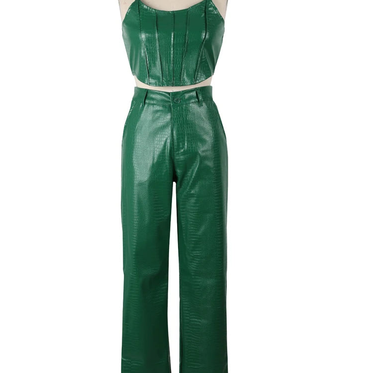 Women's Green Corset Cut-Out Cargo Metallic Jumpsuits PU Leather Matching Set Sexy Clubwear 2 Piece Outfits