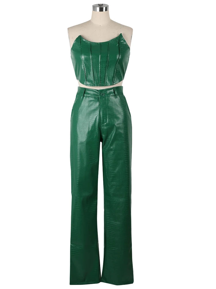 Women's Green Corset Cut-Out Cargo Metallic Jumpsuits PU Leather Matching Set Sexy Clubwear 2 Piece Outfits