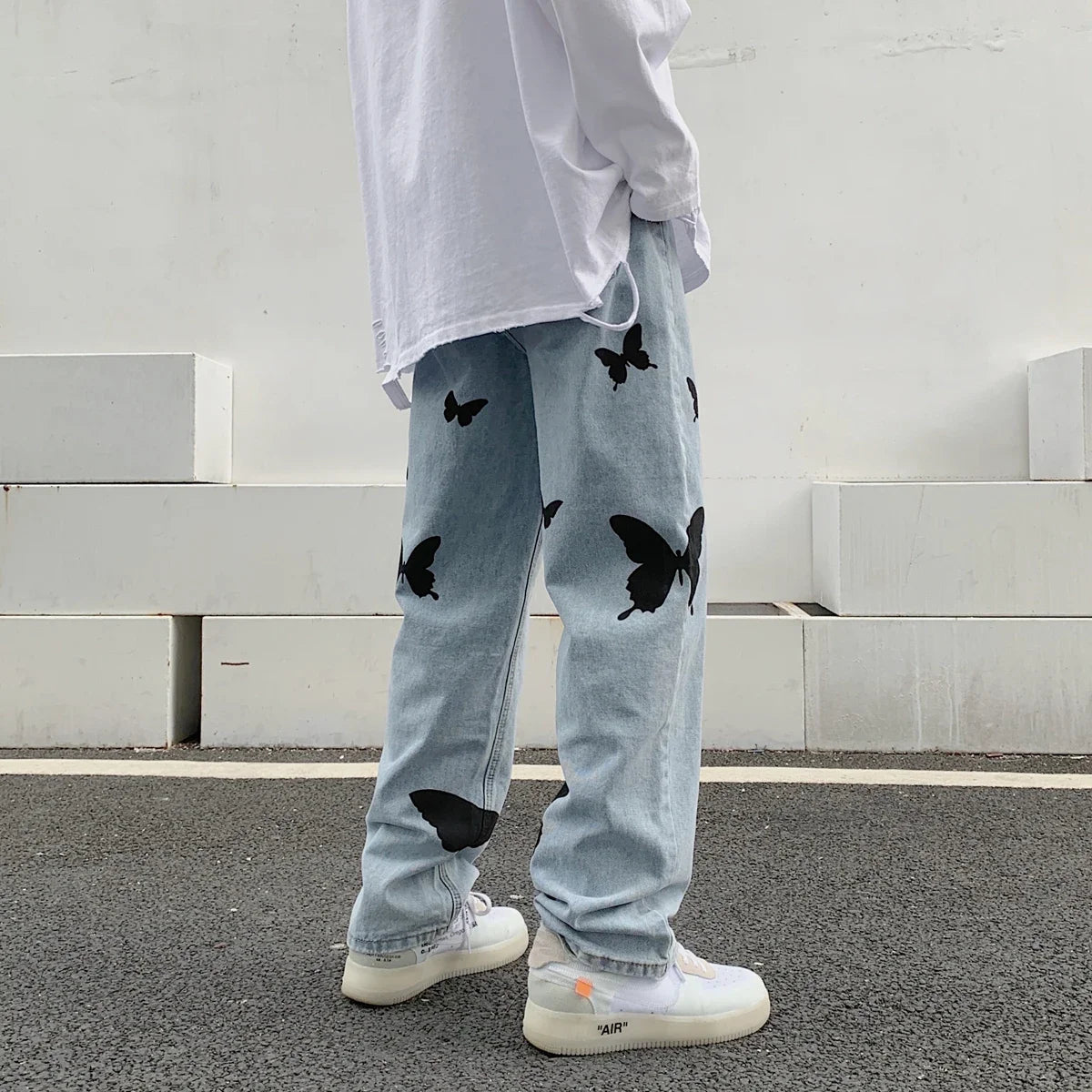 Loose Baggy Casual Denim Hip Hop Streetwear Straight Trousers Clothing Butterfly Print Women Jeans Pants Jeans Woman blue