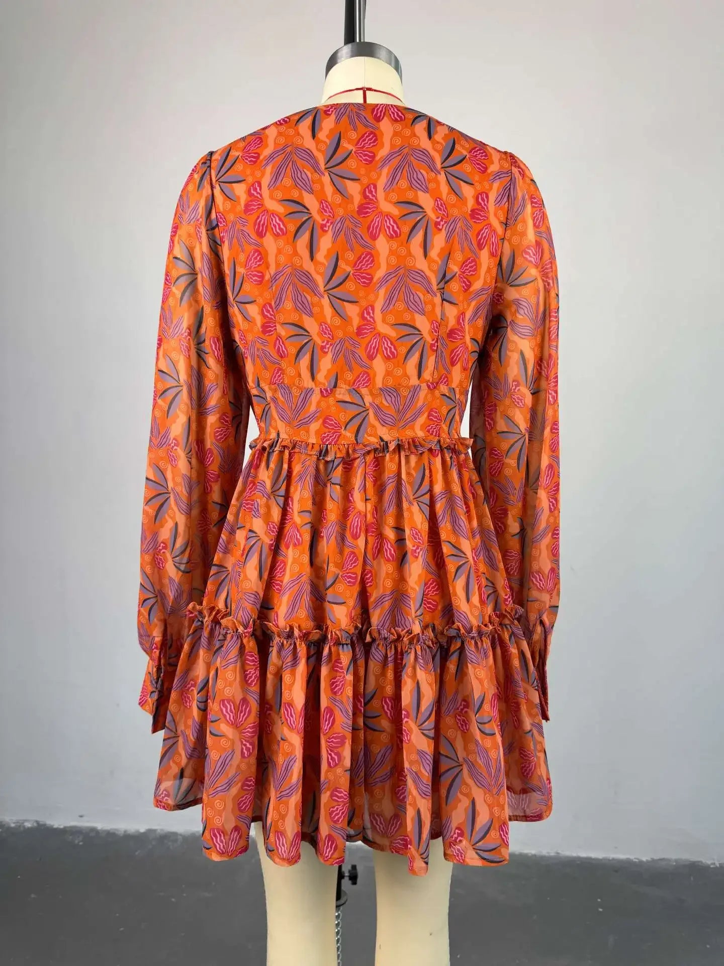 CM.YAYA Women V-neck Long Sleeve Pleated Mini Dress Sweet Elegant Floral Print Sexy Birthday Beach Night Party Vestidos Dresses