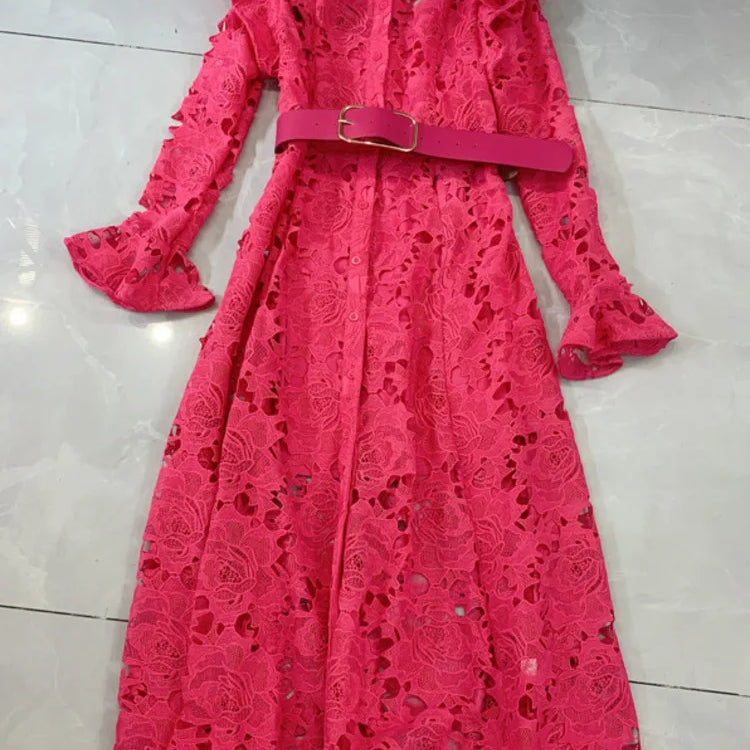 LGRQ Elegant High Quality Lace Embroidery Pattern Design Women's Dresses Evening Belt New Hollow Out Luxury Fashion 19F1371