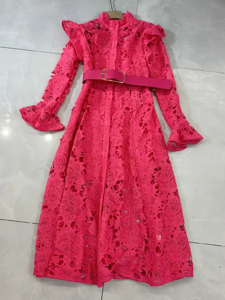 LGRQ Elegant High Quality Lace Embroidery Pattern Design Women's Dresses Evening Belt New Hollow Out Luxury Fashion 19F1371