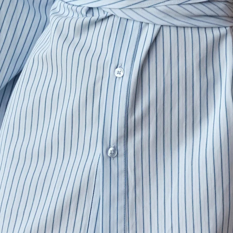 DEAT Fashion Women Blue Stripe Shirt Dress Lapel Single Breasted Full Sleeves Waist Retraction Folds Dresses Spring New