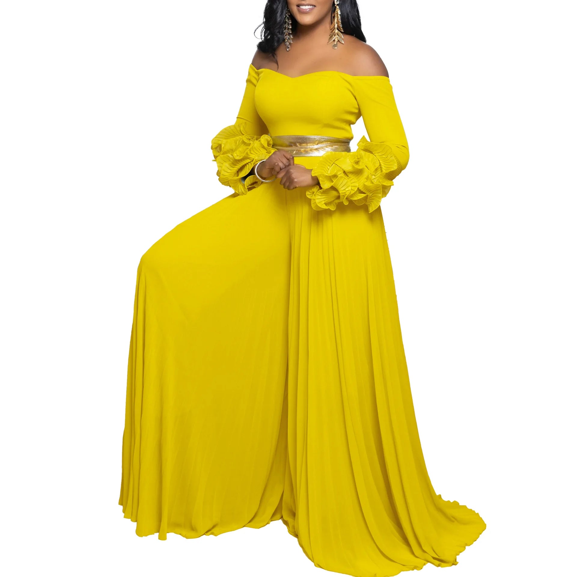 CM.YAYA Women Long Ruffles Sleeve Pleated Slash Neck Wide Leg Long Jumpsuits Party Beach belt Street Sexy Africa Outfit Rompers