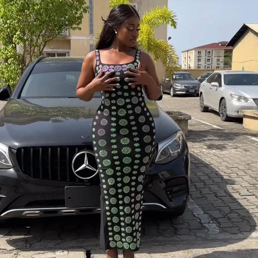 Shinning Rhinestones Women Sleeveless Sexy O-Neck Bodycon Long Bandage Dress Fashion Celebrate Evening Party Cocktail Dress