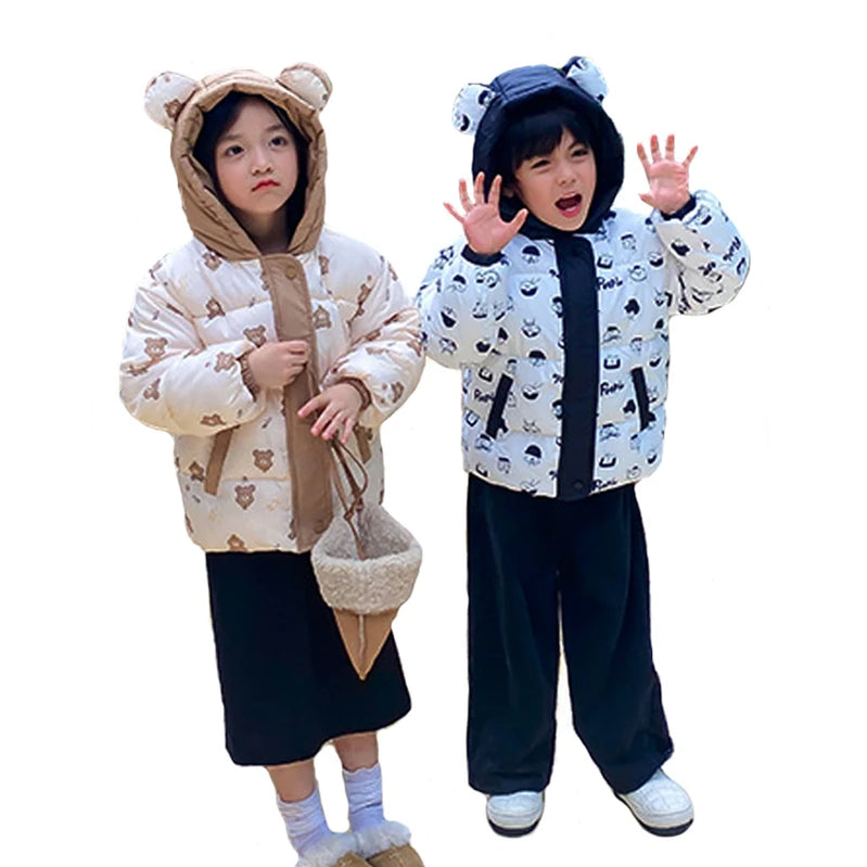 Winter Thickened Warm Hooded Jacket 1-7 Year Old Boys Girls Fashion Versatile Casual Printing Down Coat Children's Wear