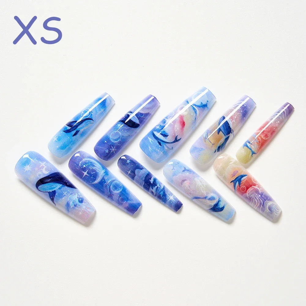 10Pcs/set Lucky Nine-tailed Fox Printed Chinese Style False Nails Long Press-on Acrylic Fakes Nails Adhesive Unique Design