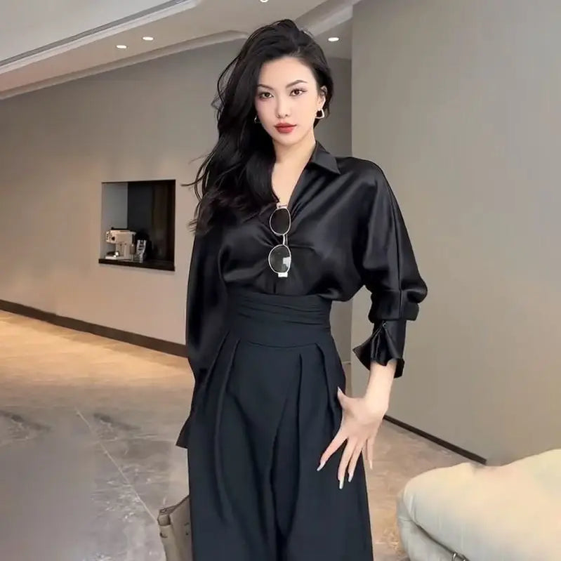 Black Design Wide-Leg Pants Women's Slimming Suit Pant Magic High Waist Loose Straight Drooping Mopping Casual Trousers