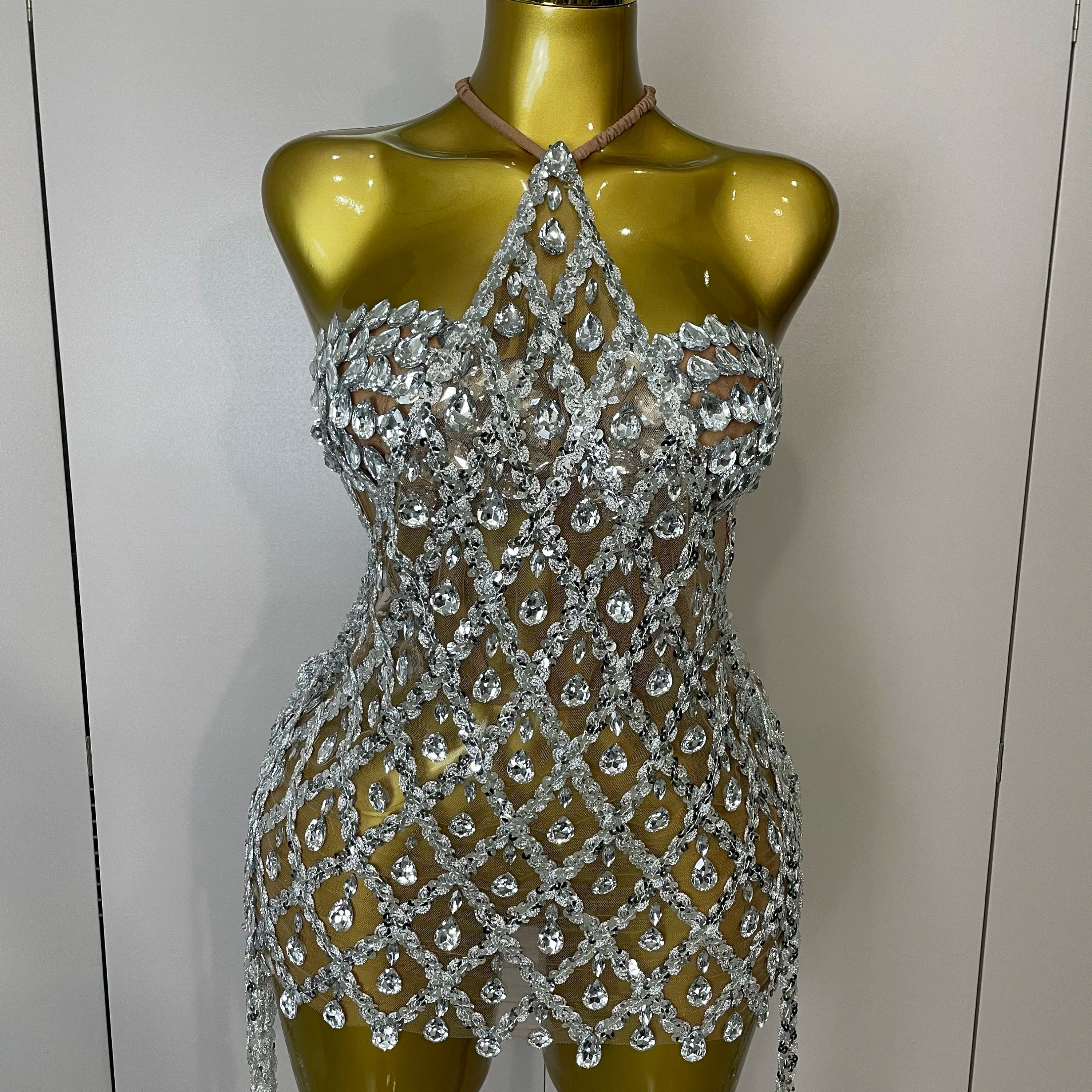 Sparkly Sequin Diamond MeshTransparent Top Dress Two Piece Set Women 2025 Sexy Evening Party Celebrate Birthday Photo Shoot Wear