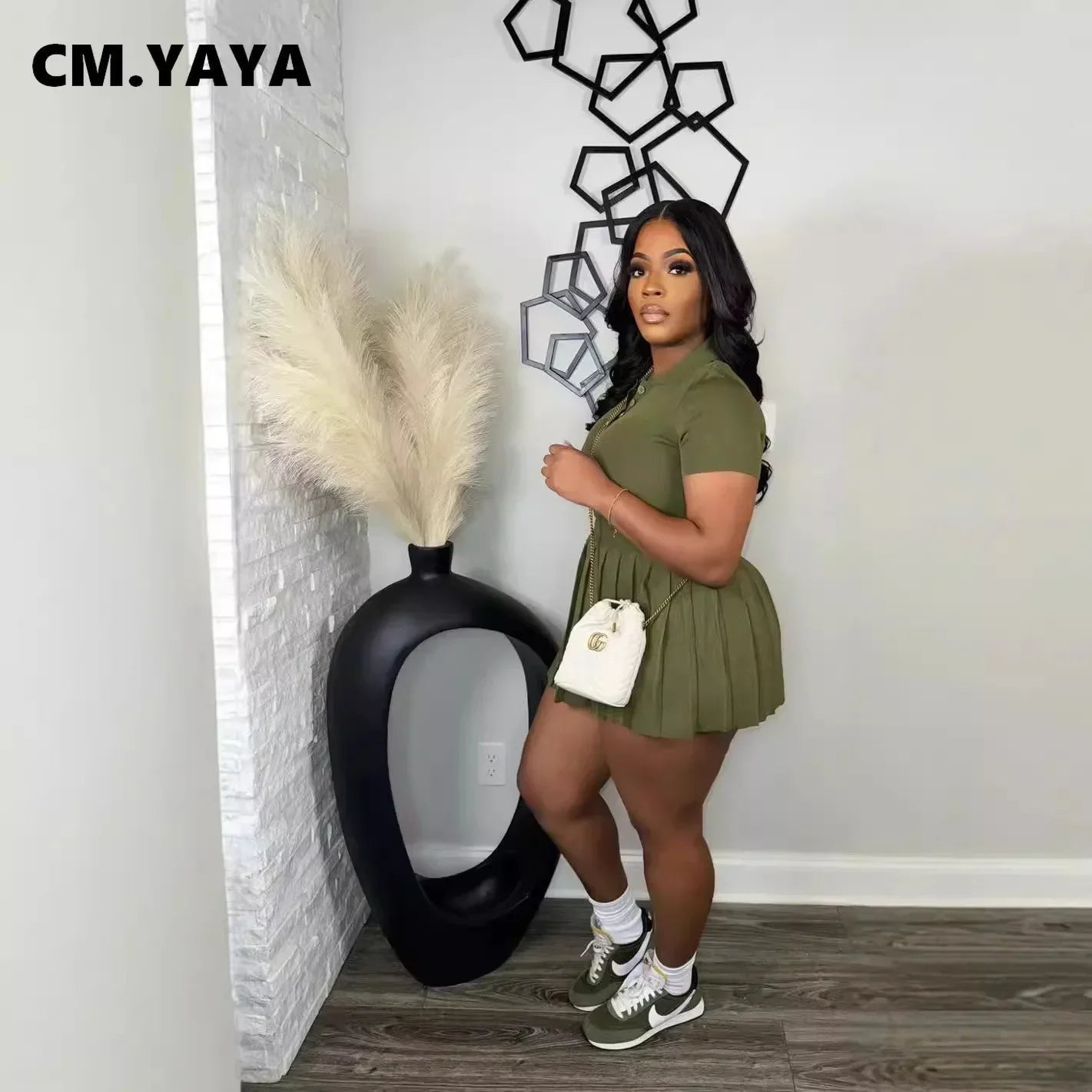 CM.YAYA Fashion Sport Women's Set Pleated Mini Skirt and Short Sleeve T-shirt Top 2024 Street Two 2 Piece Dress Sets Outfits