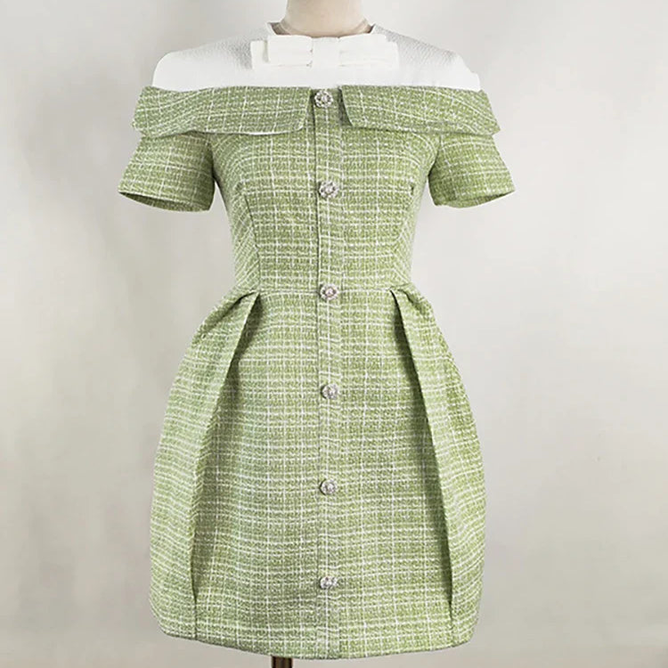 DEAT Women's Patchwork Tweed Dress Fashion Contrast Color Single Breasted High Waist Elegant Dresses Female New 13DB3854 Green