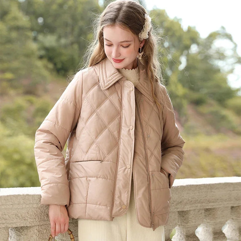 Lapel Argyle Light Women Quilted Coats Winter New Short Loose Windproof Warm Cotton-padded Jacket Sandy-brown