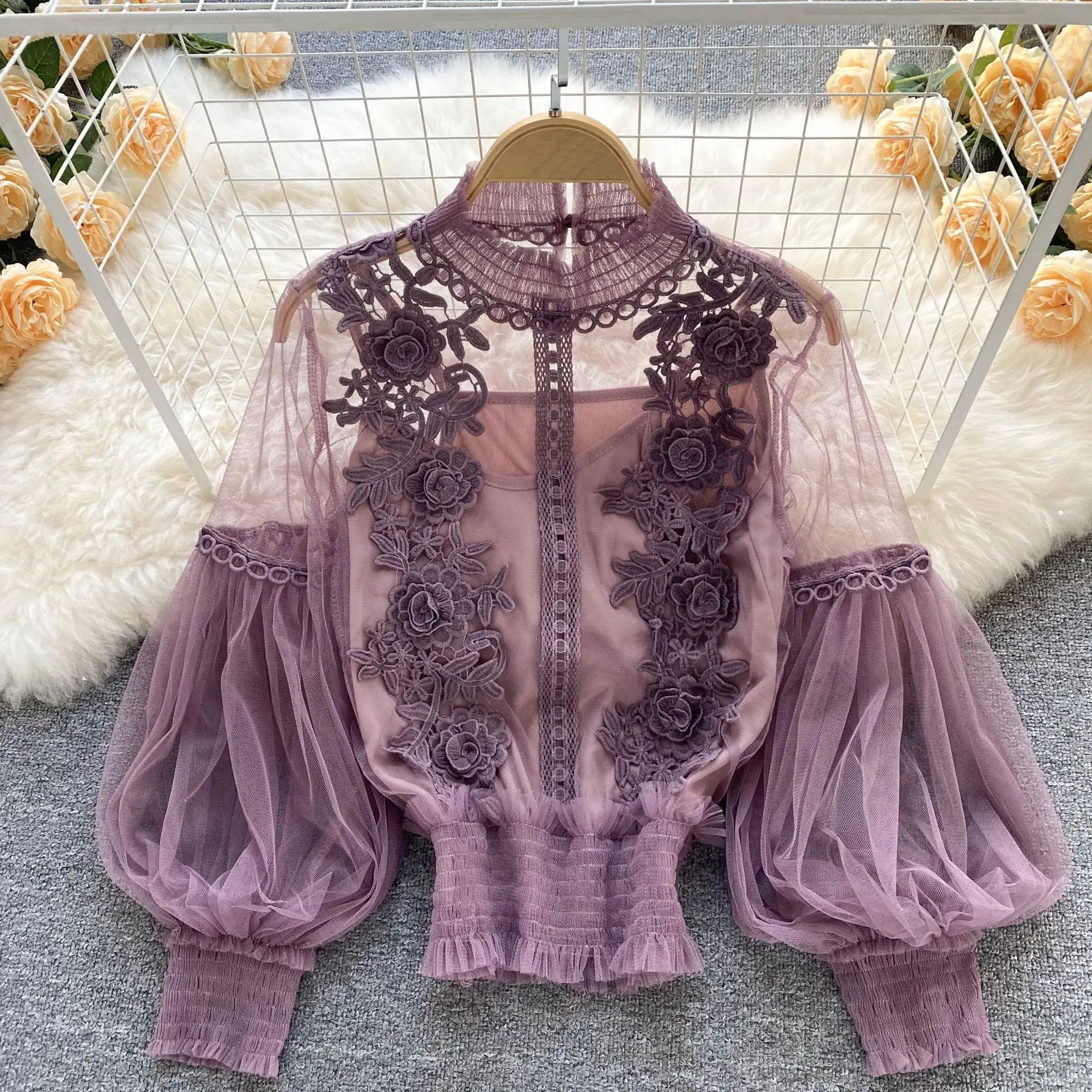 Flower Lace Women Shirts Fashion Slim Lantern Sleeve Ladies Blouse Comfortable Vintage Autumn Winter Thin Perspective Gauze Tops PURPLE One Size