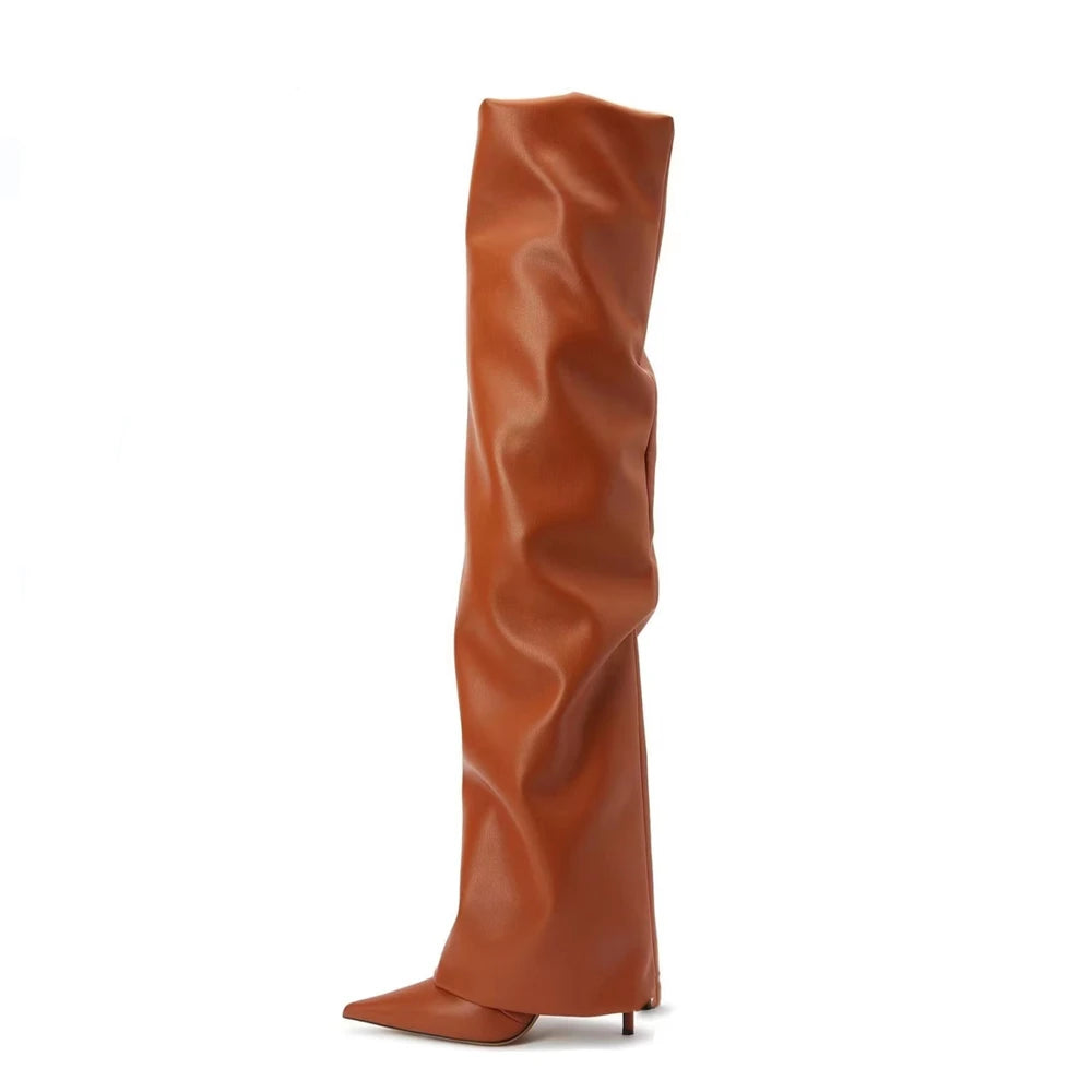 Women's High Boots Nude Black Brown Over Tight High Boots Sexy Pointed Toe Spike Kitten Heels Knight Boots Shoes Woman