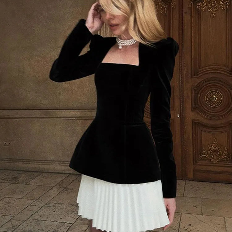 Fashion Contrasting Pleated Hem Midi Dress Elegant Square Neck Shoulder Pad Velvet Short Dresses Fall Lady Evening Party Vestido