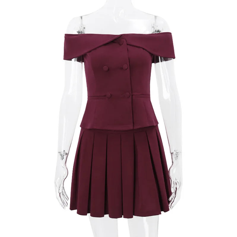 Mini Pleated Skirt Suits for Women Sexy Off Shoulder Tops and Skirt Two Piece Sets Summer Club Party Outfits Streetwear