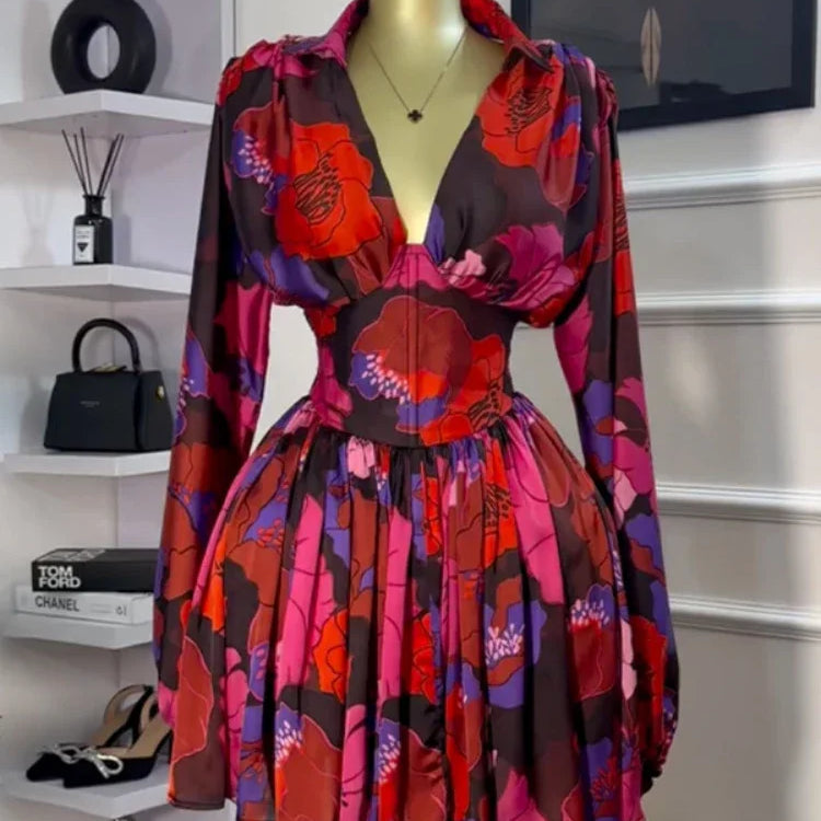 CM.YAYA Women V-neck Long Sleeve Pleated Floral Print Mini Dress Sweet elegant Sexy Birthday Beach Night Party Vestidos Dresses