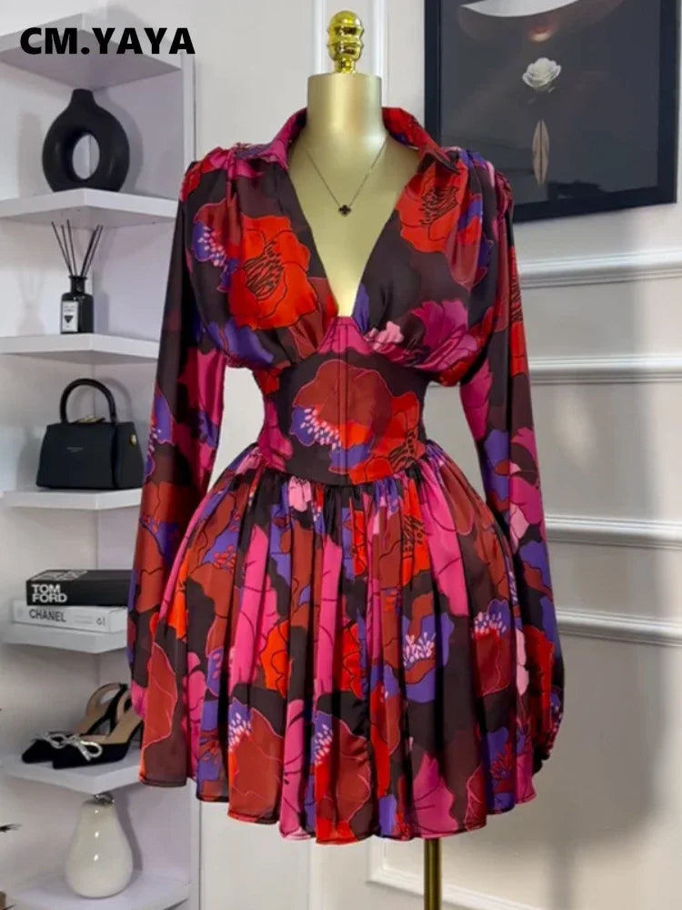 CM.YAYA Women V-neck Long Sleeve Pleated Floral Print Mini Dress Sweet elegant Sexy Birthday Beach Night Party Vestidos Dresses