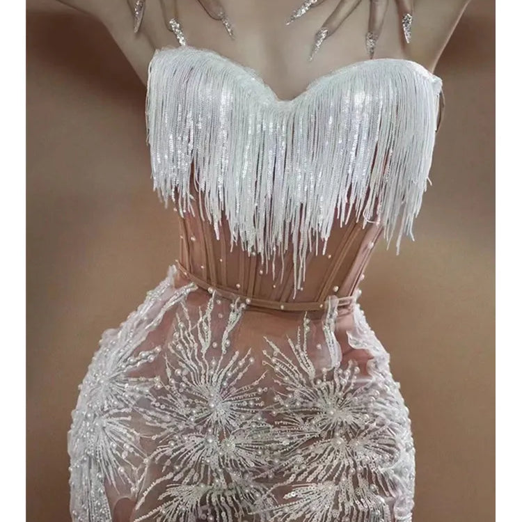 Stock Women Backless Halter Tassel Pearl Snow Mini White Dress Birthday Party Costume Bar Nightclub Stage Performance Dress