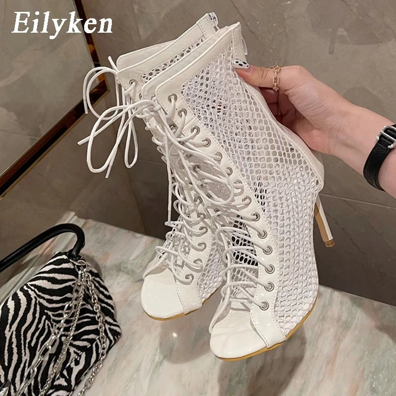 Fashion Design Mesh High Heel Women Boots Sandals Sexy Peep Toe T-tied Stripper Pole Dancing Stiletto Shoes