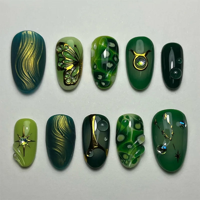 24Pcs Short Oval Rhinestone Spice Girl False Nails Full Cover Gold Powder Butterfly Ripple Pattern Wearable Green Nail Patch Set