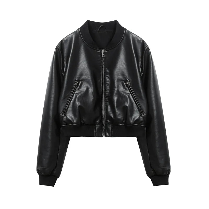 Vintage imitation leather bomber jacket coat top women's style black
