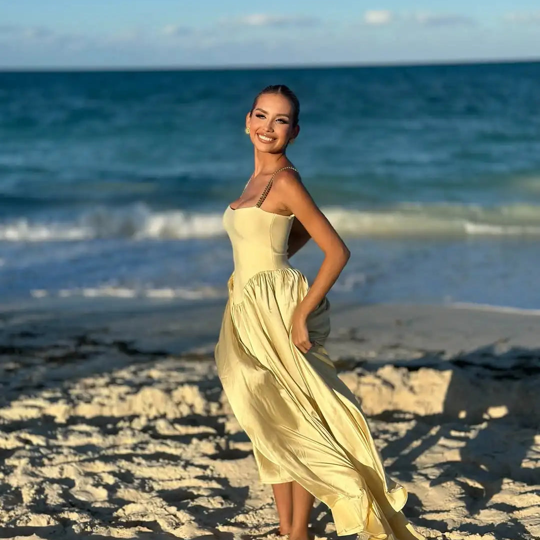 Yellow Women Sleeveless Sexy Strap Square Collar Long Bandage Maxi Dress Beach Style Celebrate Birthday Vacation Party Dress