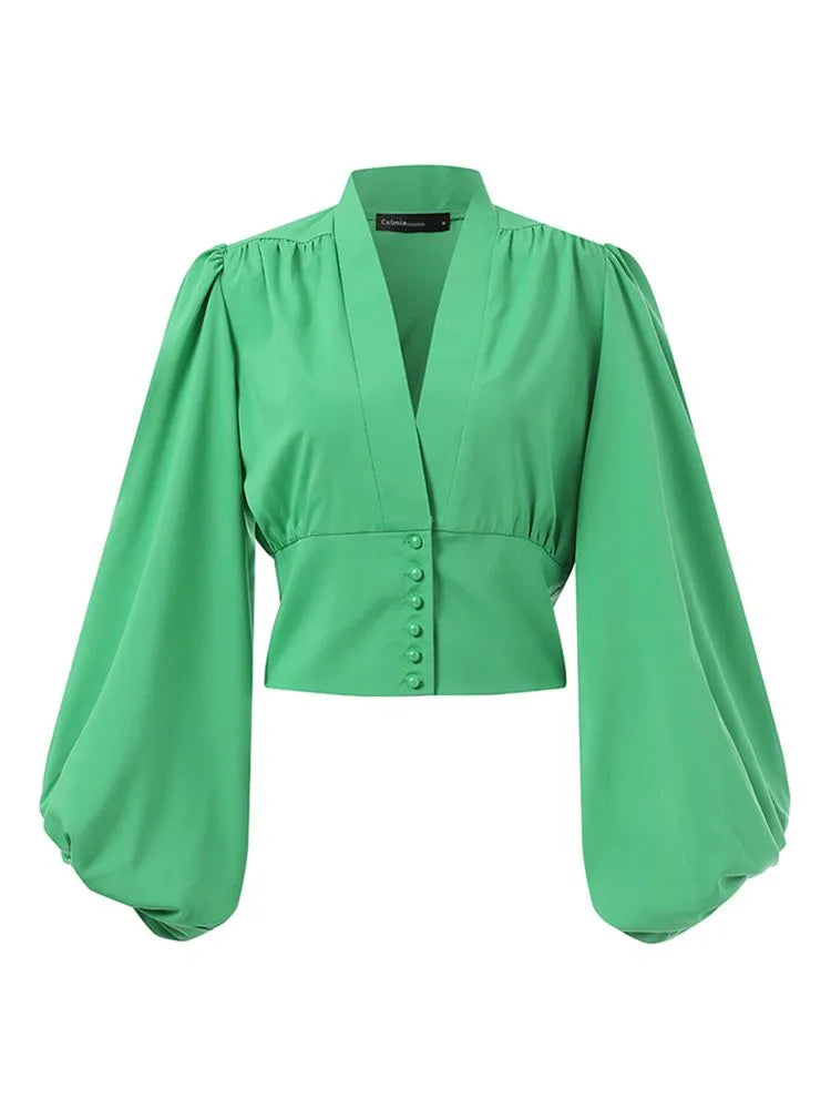 Vintage Blouses for Women Fashion Lantern Long Sleeve Buttons Front Crop Tops Sexy V-neck Shirts French Party Blusas