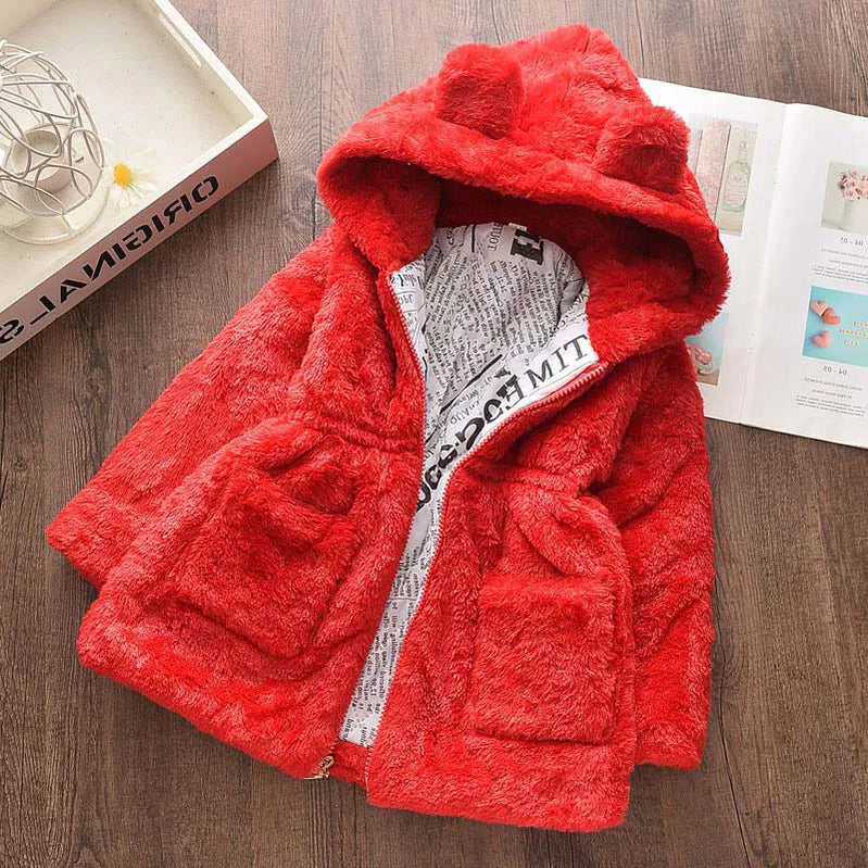 Winter Baby Girls Clothes Faux Fur Coat Fleece Jacket Warm Snowsuit Hooded Parka Children's Outerwear Autumn Clothing AZ1773 Red
