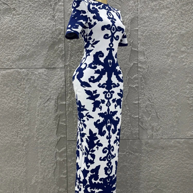 Top Quality Women Short Sleeve Sexy Blue Jacquard Bodycon Long Bandage Dress Elegant Evening Party Occation Office Wear