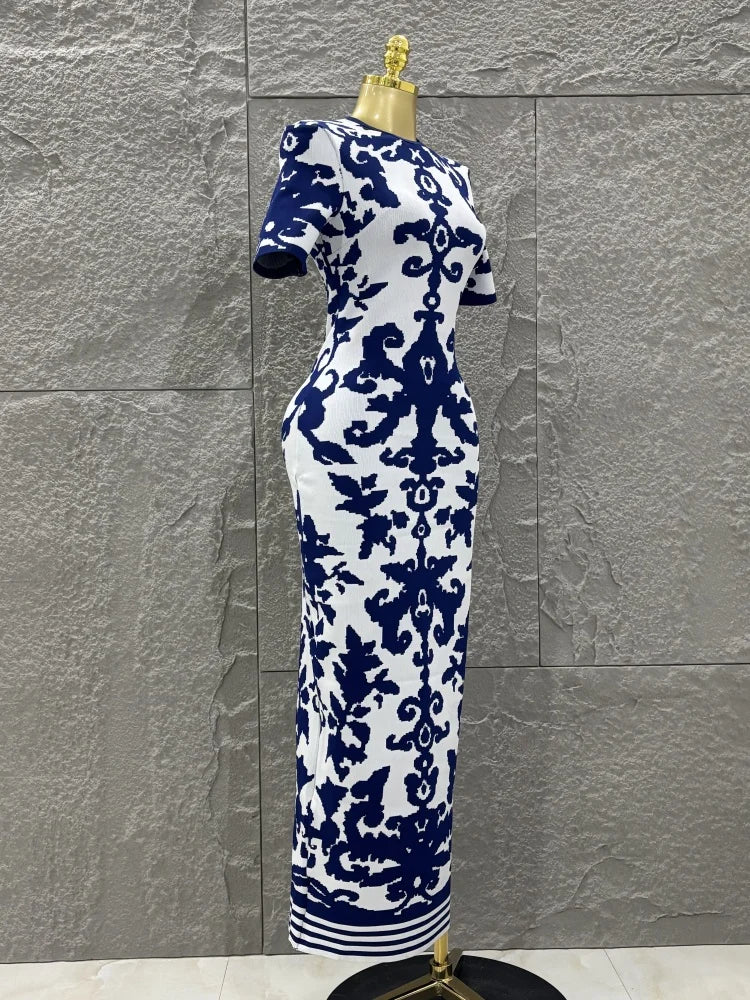 Top Quality Women Short Sleeve Sexy Blue Jacquard Bodycon Long Bandage Dress Elegant Evening Party Occation Office Wear