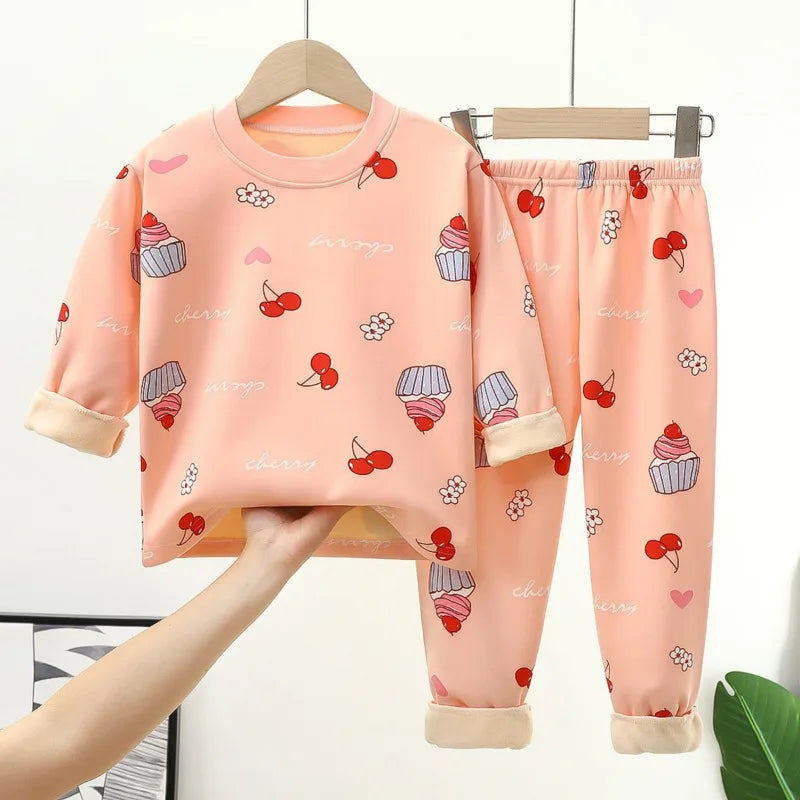 Children's warm underwear set for boy middle and girls plush and thick autumn clothes autumn pants baby pajamas baby and toddler