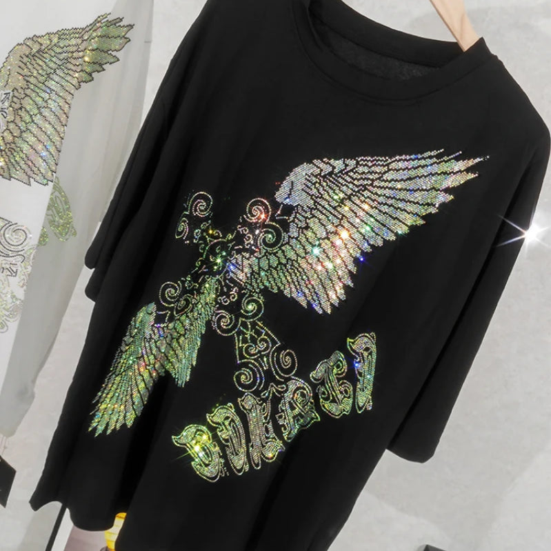 Rhinestone Eagle Luxury Big Size T Shirt Cotton 150KG Plus Size Women Men Brand T-shirt Summer Loose Fit Black Women's Clothing