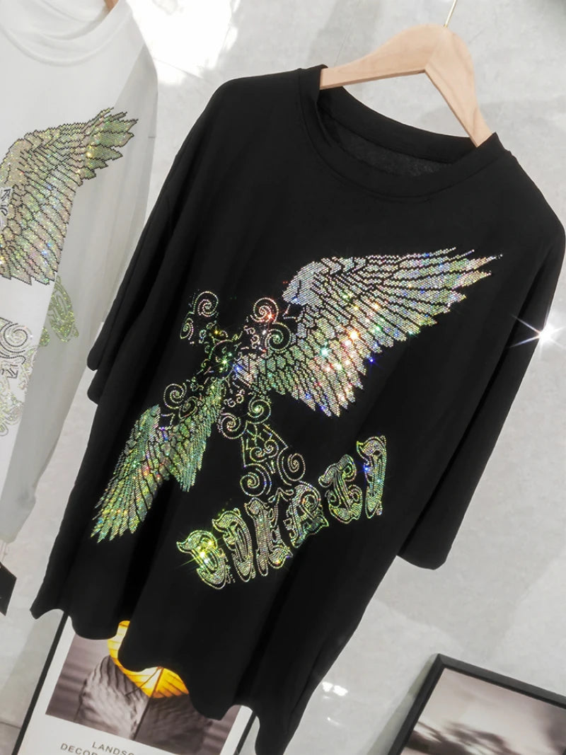 Rhinestone Eagle Luxury Big Size T Shirt Cotton 150KG Plus Size Women Men Brand T-shirt Summer Loose Fit Black Women's Clothing