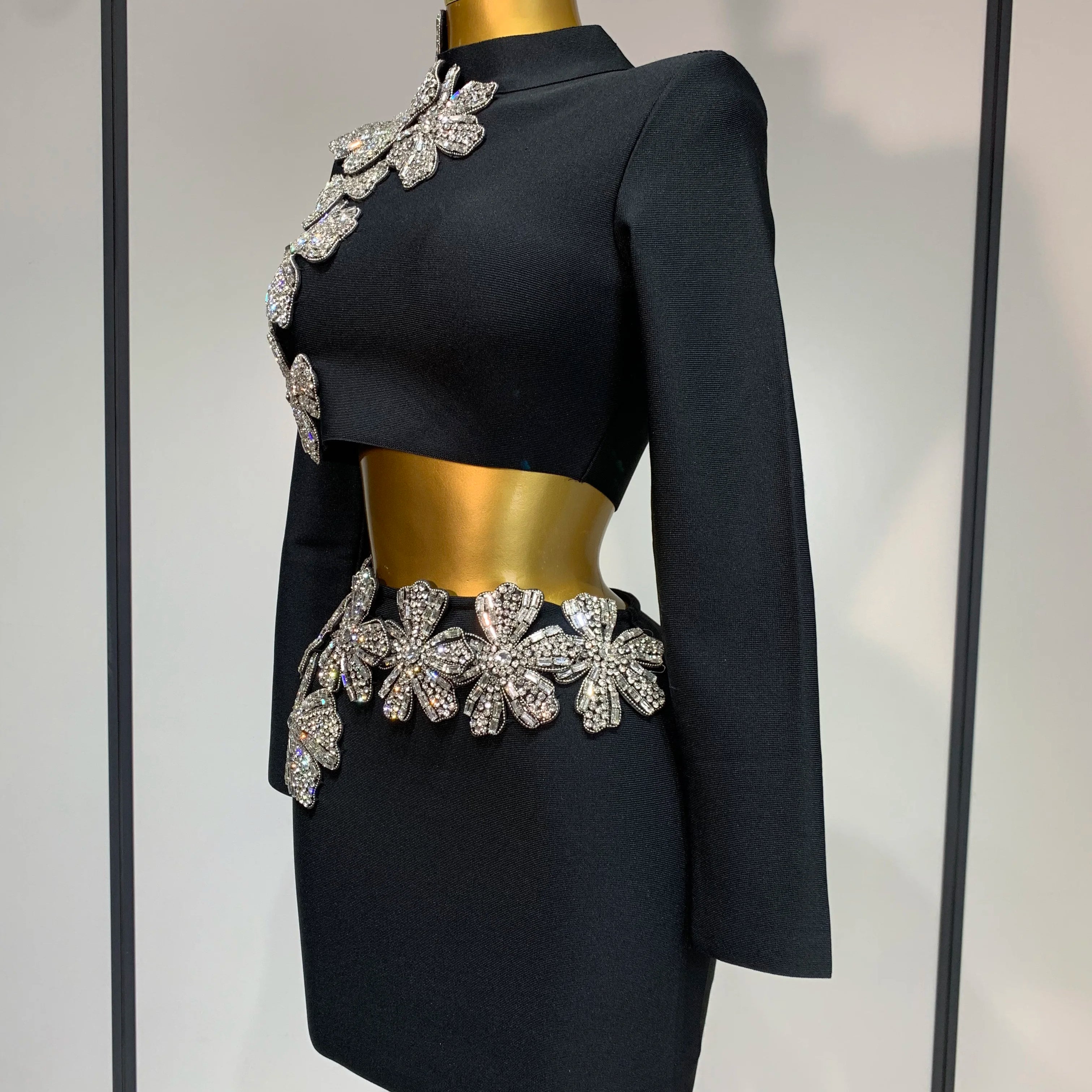 Women Long Sleeves Bandage Two Piece Sets Turtleneck Shiny Diamonds Flower Top Bodycon Mini Skirts Suits Evening Club Party Set